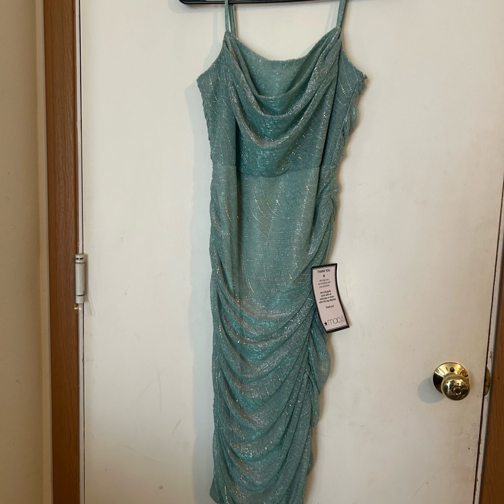 NWT city studio teal sparkly Rouched adjustable strap special occasion dress Med
